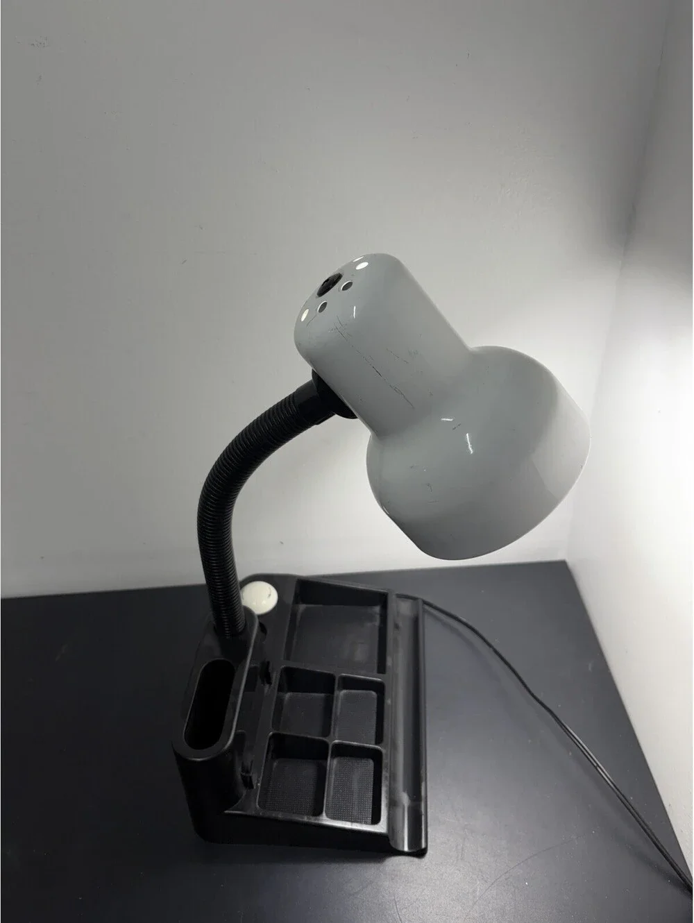 Vintage 80s White Gooseneck Office Desk Lamp With Black Plastic Organizer Base